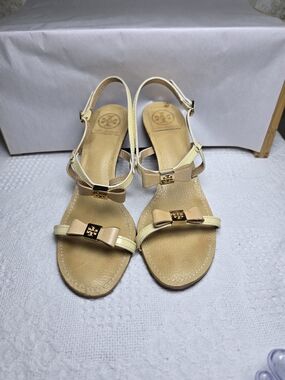 Tory Burch Bow Slingback Heeled Sandals Cream Beige Leather 8.5